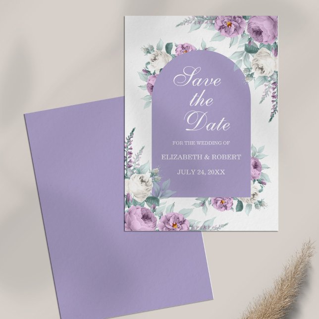 Lavender Purple Floral Save The Date Card (Lavender Purple Floral Save The Date Card on white table)