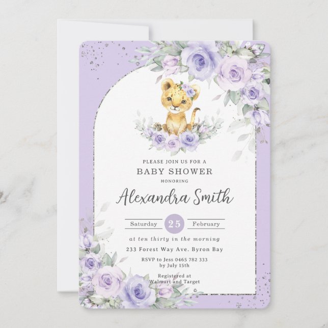 Lavender Purple Floral Sweet Lion Cub Baby Shower Invitation (Front)
