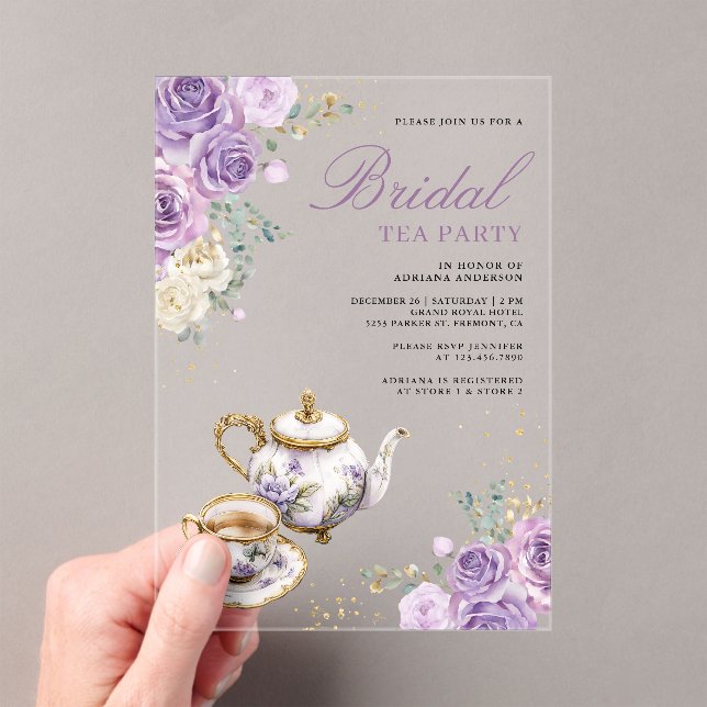 Lavender Purple Floral Tea Party Bridal Shower Acrylic Invitations (Insitu (Handheld))