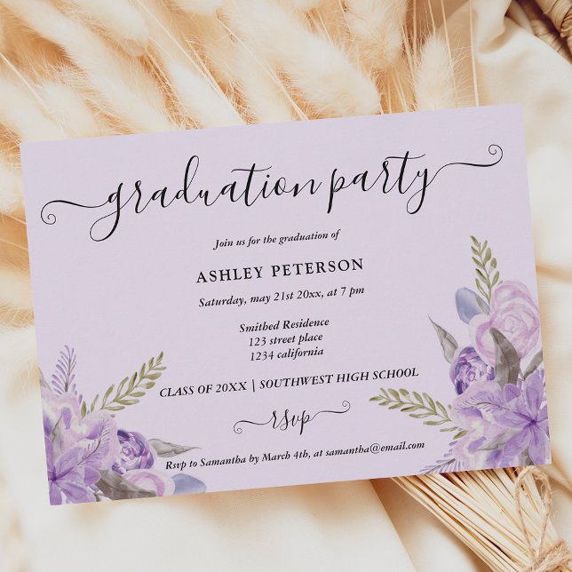 Lavender purple floral watercolor graduation invitation (Creator Uploaded)