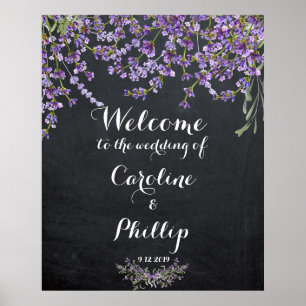 Lavender purple floral wedding welcome sign chalk