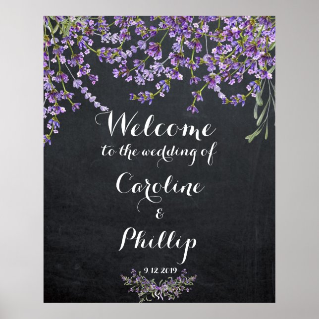 Lavender purple floral wedding welcome sign chalk (Front)