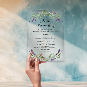 Lavender purple florals 25th wedding anniversary acrylic invitations
