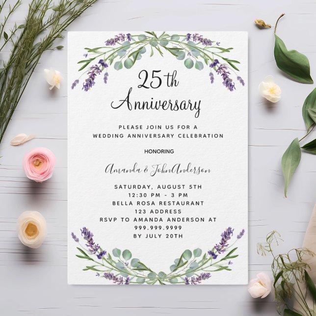 Lavender purple florals 25th wedding anniversary invitation (Creator Uploaded)