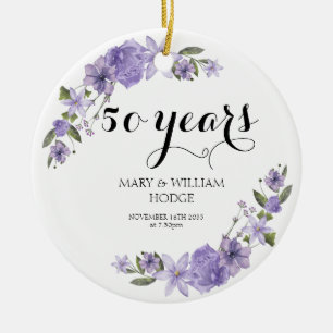 Lavender purple florals 50th wedding anniversary ceramic tree decoration