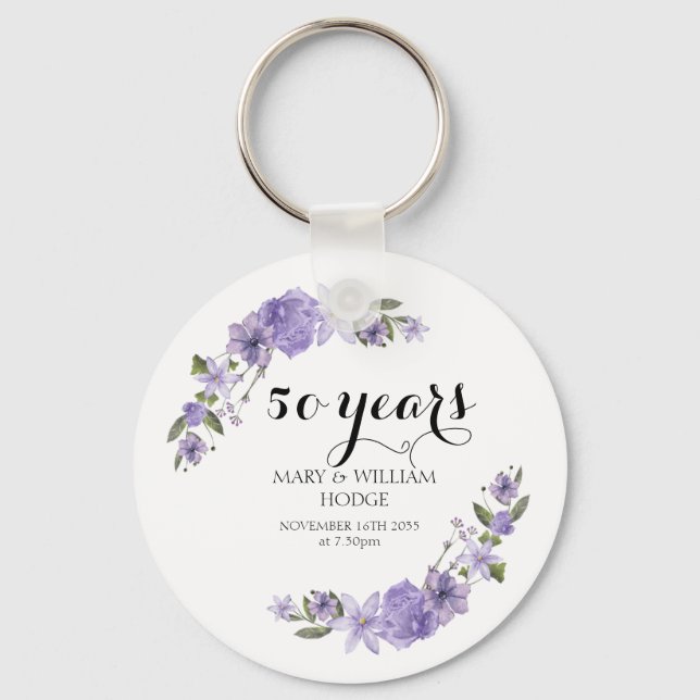 Lavender purple florals 50th wedding anniversary key ring (Front)