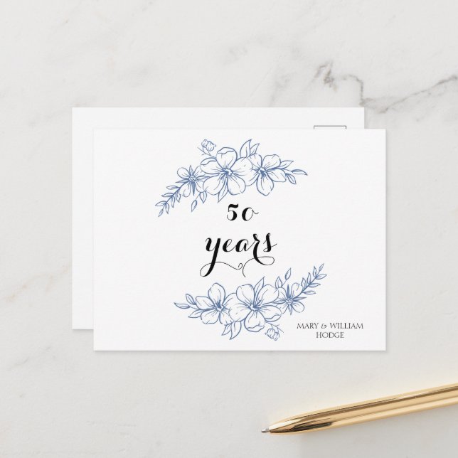 Lavender purple florals 50th wedding anniversary postcard (Front/Back In Situ)
