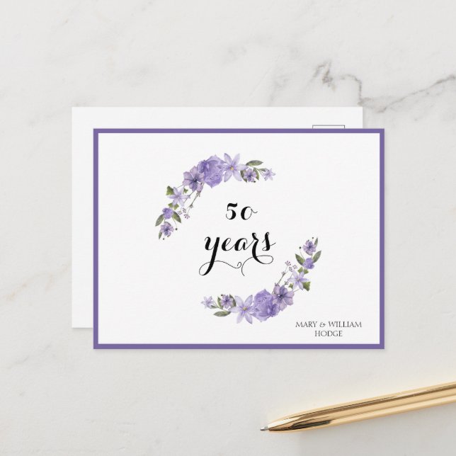 Lavender purple florals 50th wedding anniversary postcard (Front/Back In Situ)