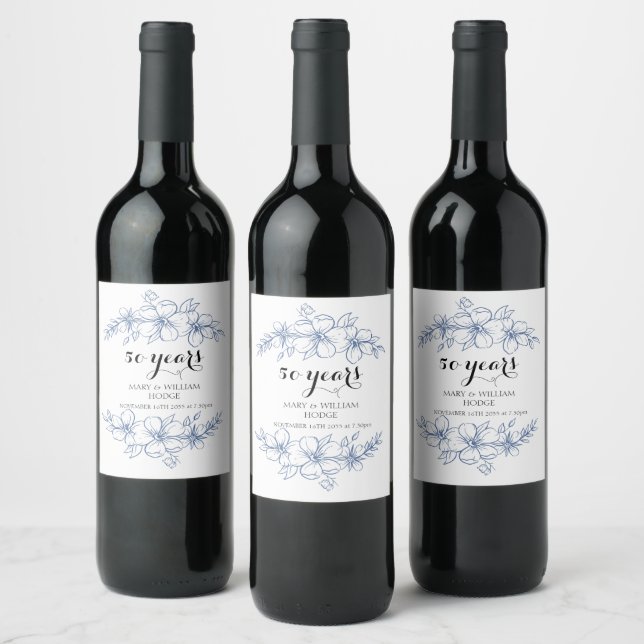 Lavender purple florals 50th wedding anniversary wine label (Bottles)