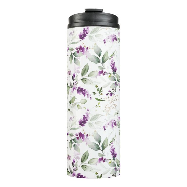 Lavender Purple Flower Blossoms with Green Leaves  Thermal Tumbler (Front)