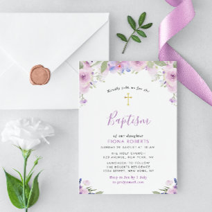 lavender purple flowers baptism invitation