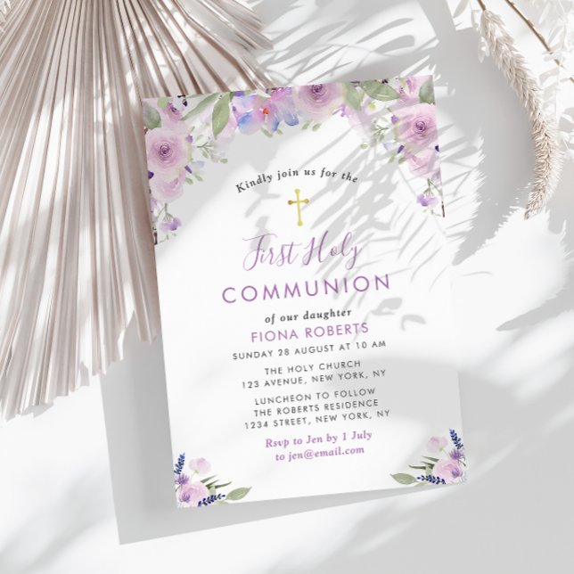lavender purple flowers first holy communion invitation (Creator Uploaded)