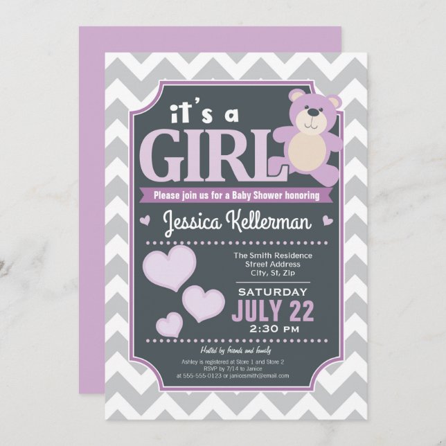 Lavender Purple Girl Baby Shower Invitation (Front/Back)