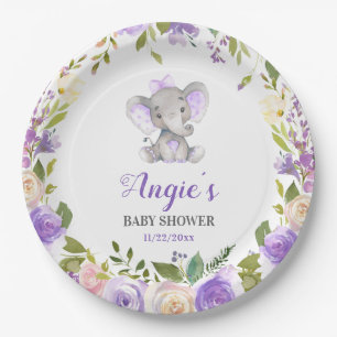 Lavender Purple Girl Elephant Baby Shower Table Paper Plate
