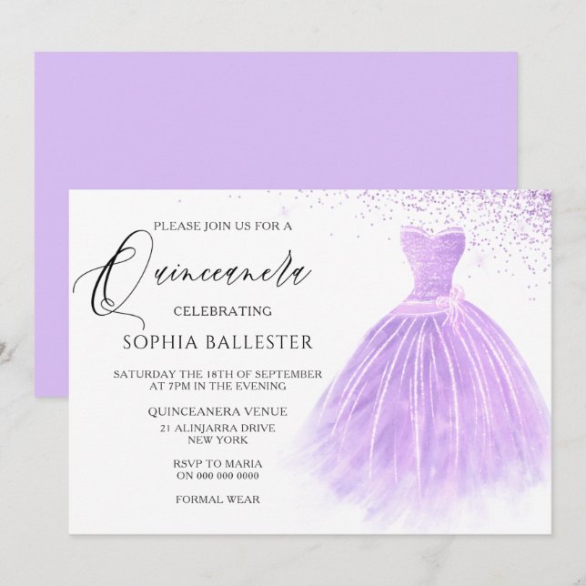 Lavender Purple Glitter Gown Quinceanera Party Invitation (Front/Back)
