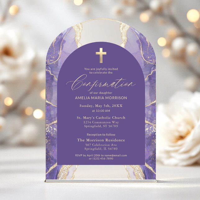 Lavender Purple Gold Agate Confirmation Modern Acrylic Invitations (Creator Uploaded)