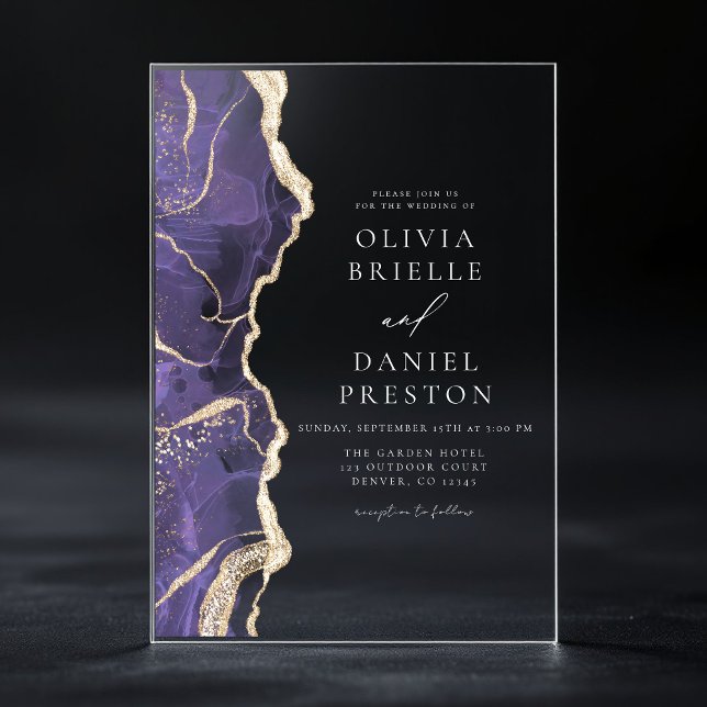 Lavender Purple Gold Agate Elegant Modern Wedding Acrylic Invitations (Creator Uploaded)