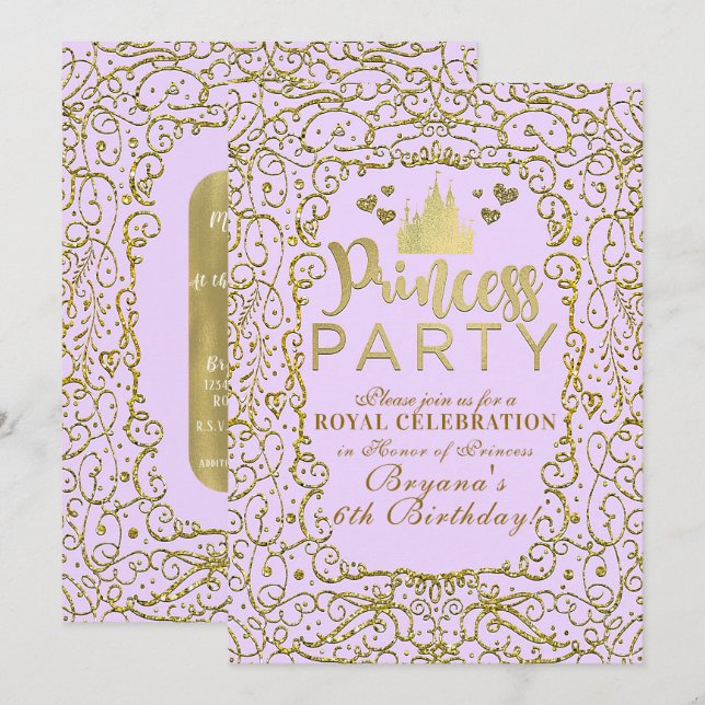 Lavender Purple Gold Castle Royal  PRINCESS PARTY Invitation (Front/Back)