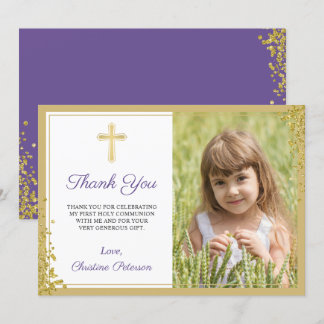 Lavender Purple Gold Glitter First Holy Communion Thank You Card