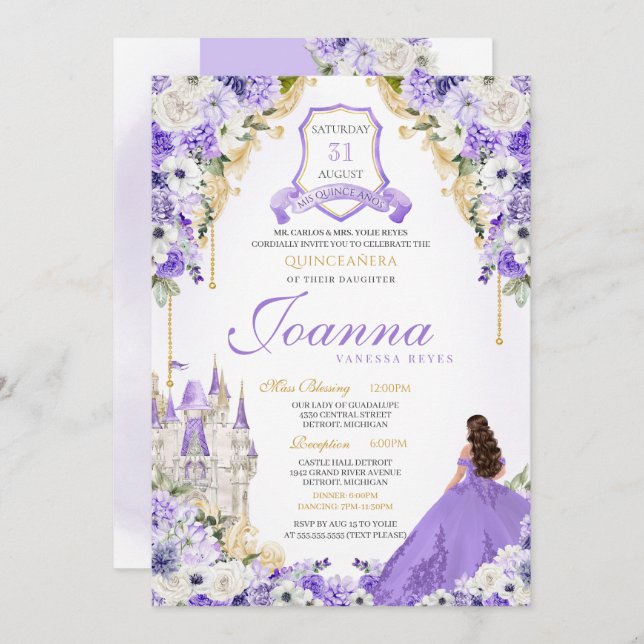 Lavender Purple Gold Royal Princess Castle Quince Invitation (Front/Back)