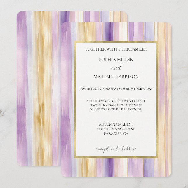 Lavender Purple Gold Stripes Wedding Invitation (Front/Back)