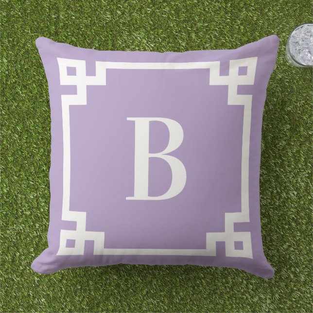 Lavender Purple Greek Key Border Monogram Cushion (Grass)