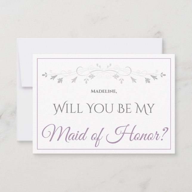 Lavender Purple & Grey Be My Maid of Honour Card (Front)