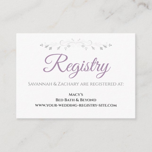 Lavender Purple & Grey Elegant Wedding Registry Enclosure Card (Front)