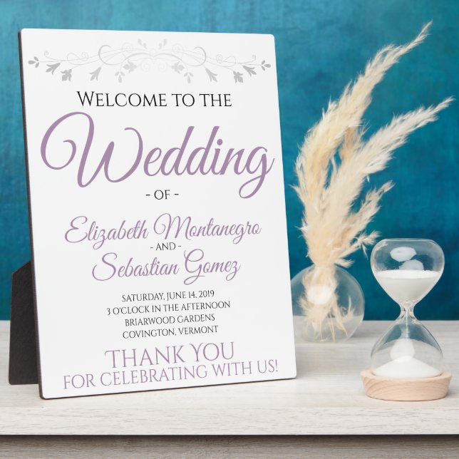 Lavender Purple & Grey Elegant Wedding Welcome Plaque (Side)