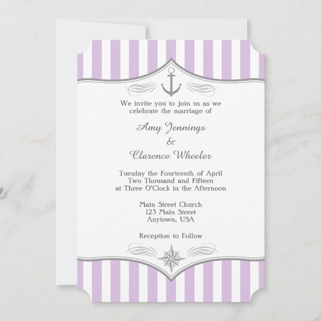 Lavender Purple Grey Nautical Wedding Invitation (Front)