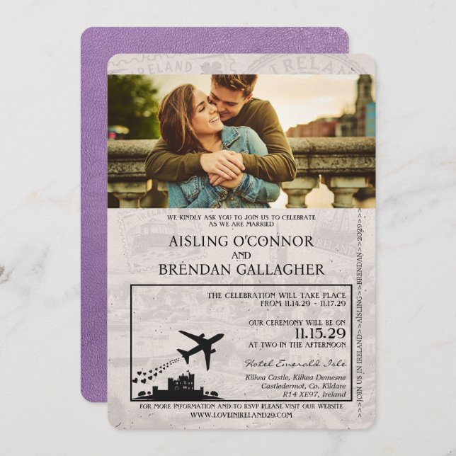 Lavender Purple Ireland Passport Wedding Invitation (Front/Back)