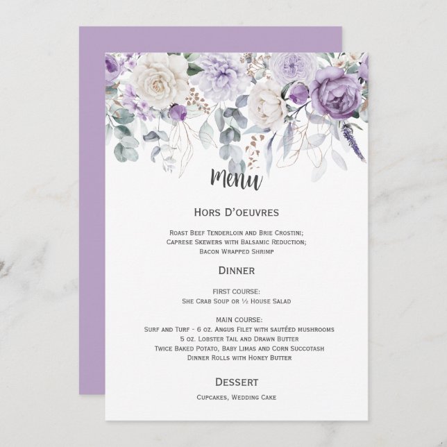 Lavender, Purple, Ivory, Green Wedding Menu Invitation (Front/Back)
