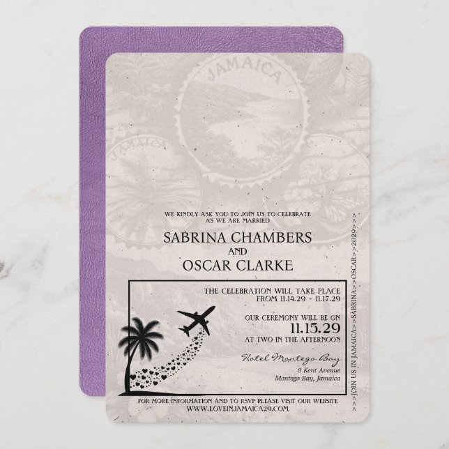 Lavender Purple Jamaica Passport Wedding Invitation (Front/Back)