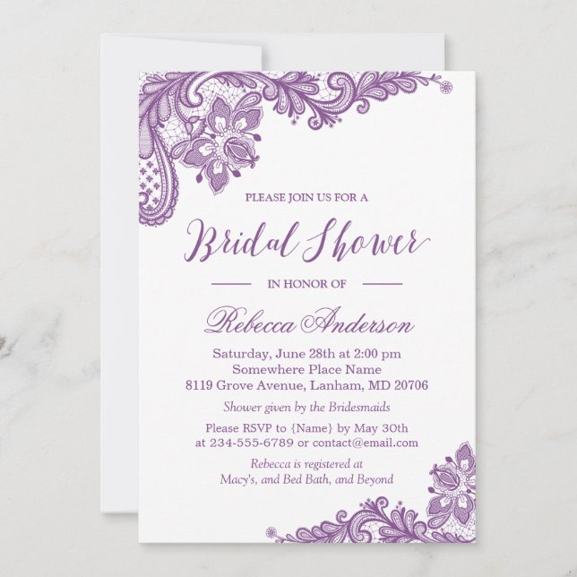 Lavender Purple Lace Elegant Floral Bridal Shower Invitation (Front)