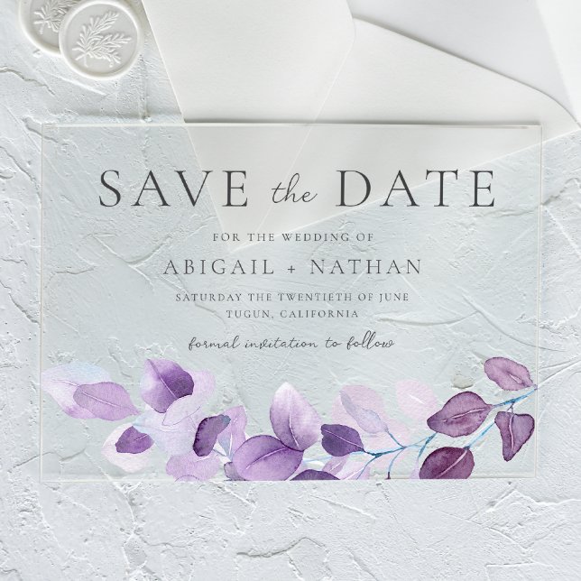 Lavender Purple Leaves Wedding Save The Date Acrylic Invitations (Creator Uploaded)