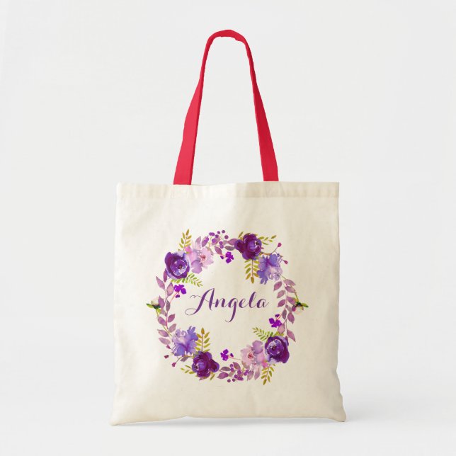 Lavender Purple Lilac Floral Wreath Bridesmaid Tote Bag (Front)