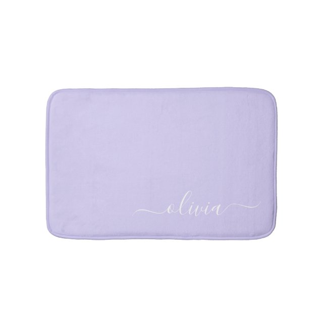 Lavender Purple Modern Script Girly Monogram Name Bath Mat (Front)