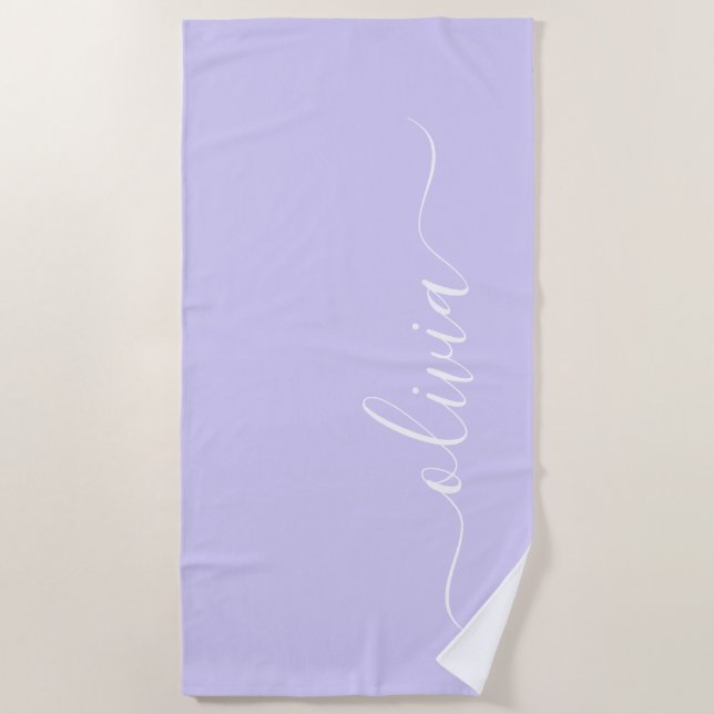 Lavender Purple Modern Script Girly Monogram Name Beach Towel (Front)