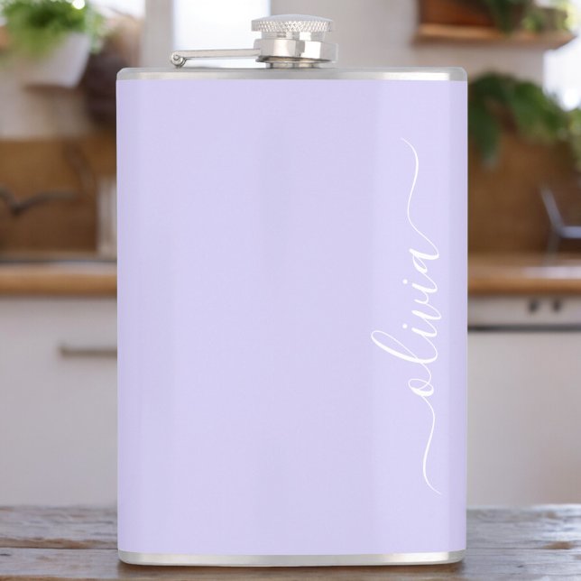 Lavender Purple Modern Script Girly Monogram Name Hip Flask (Creator Uploaded)