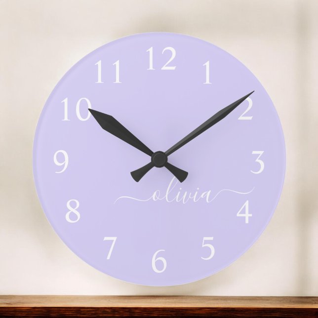 Lavender Purple Modern Script Girly Monogram Name Large Clock (Creator Uploaded)