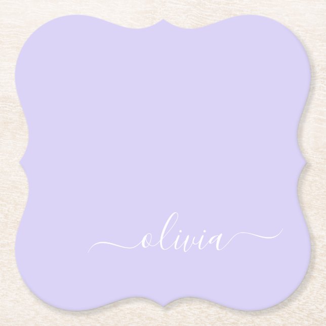 Lavender Purple Modern Script Girly Monogram Name Paper Coaster (Front)