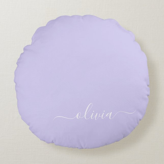 Lavender Purple Modern Script Girly Monogram Name Round Cushion (Front)