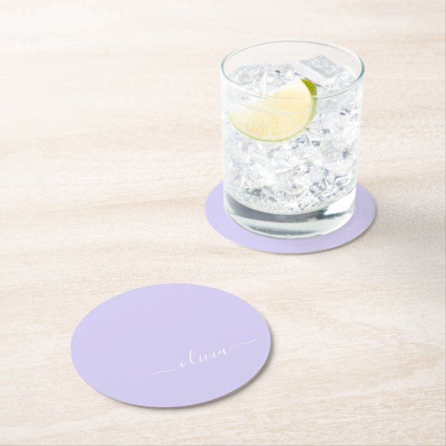 Lavender Purple Modern Script Girly Monogram Name Round Paper Coaster (Insitu)