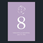 Lavender Purple Monogram Wedding Table Number Card<br><div class="desc">This elegant wedding table number card features a monogram encircled by lavender line art with the bride and groom's initials, names and wedding date in white over a purple background. Use the template fields to add your custom details. Click on "Edit using design tool" to change the colours and fonts....</div>