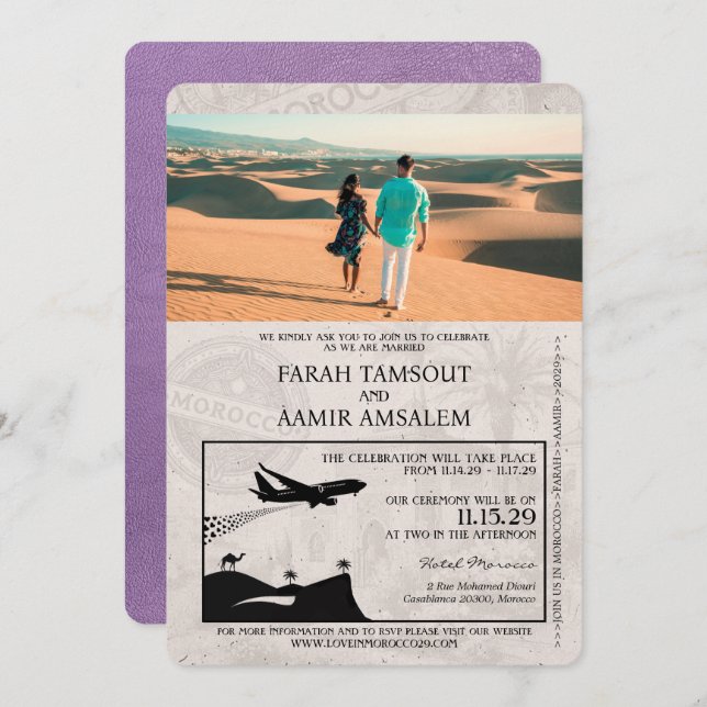 Lavender Purple Morocco Passport Wedding Invitation (Front/Back)
