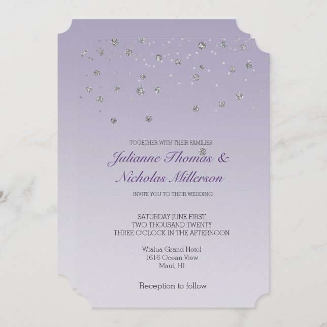 Lavender Purple Ombre Silver Confetti Sparkle Invitation (Front/Back)