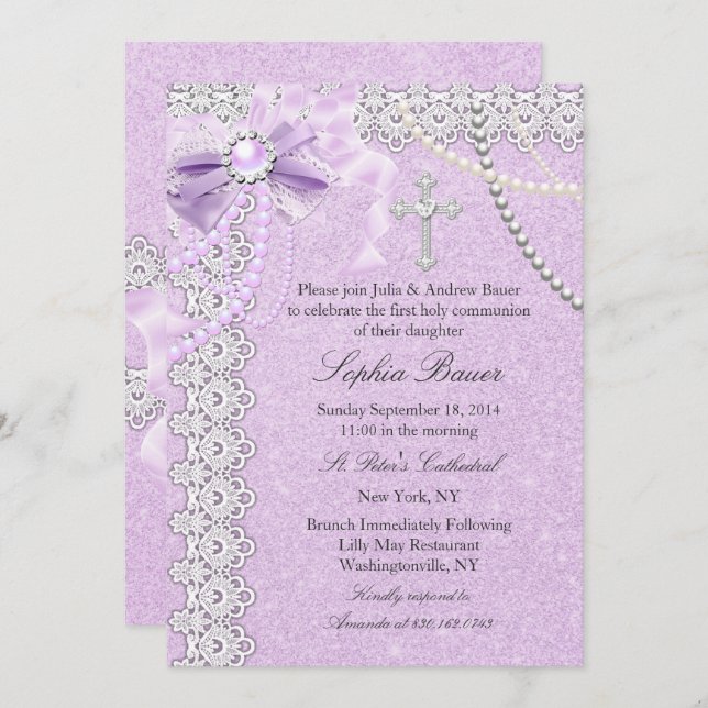 Lavender purple Pearl Bow Cross Holy Communion Invitation (Front/Back)