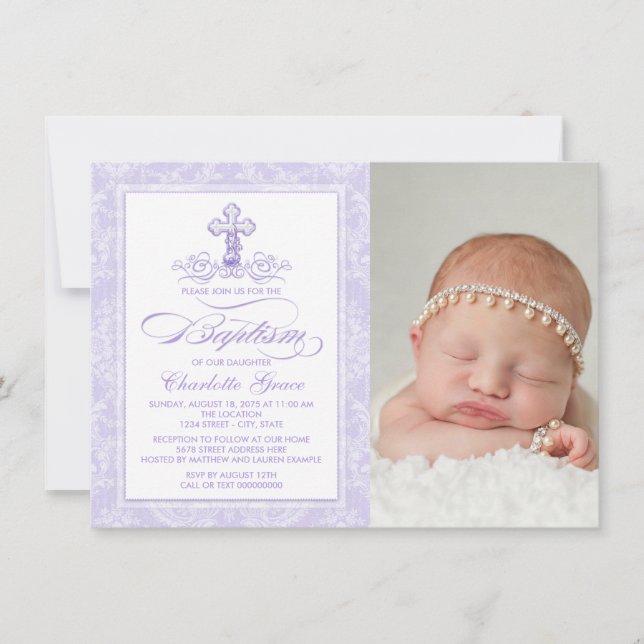 Lavender Purple Photo Baptism Invitation (Front)