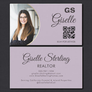 Lavender Purple Photo Monogram Realtor QR Code Business Card