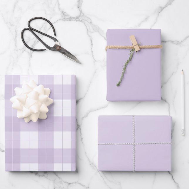 Lavender Purple Plaid Pattern and Matching Solids Wrapping Paper Sheet (Front)